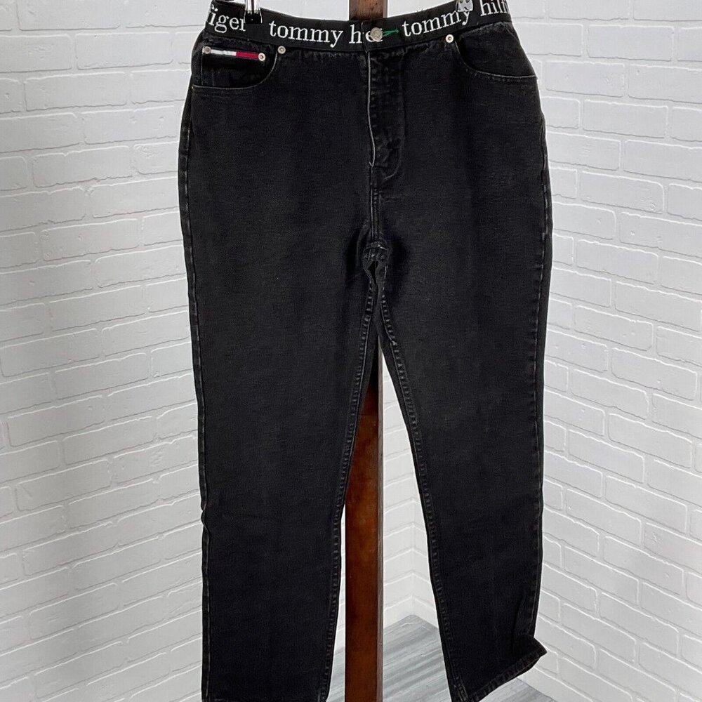 Tommy Jeans Juniors 13 31Wx29.5L Black Logo Tape Waist Cotton Taper 80s VTG‎